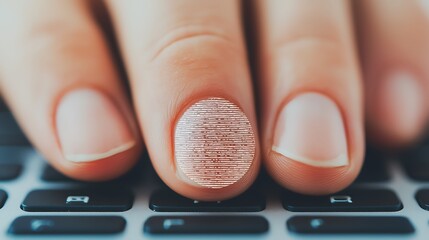 Wall Mural - A close-up of a manicured finger pressing a key on a keyboard, showcasing a stylish, metallic, textured nail design.