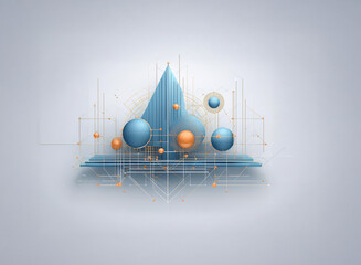 Poster - Abstract geometric composition featuring a central blue, triangular form, supported by a wireframe structure.  Surrounding it are several smaller spheres in blue and copper tones. The image evokes a s