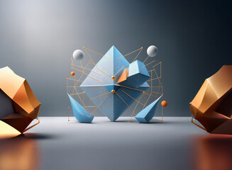 Poster - Abstract 3D rendering showcasing geometric shapes.  A central blue crystal-like structure is surrounded by smaller forms, metallic accents, and thin lines suggesting connection.  The scene is subtly l