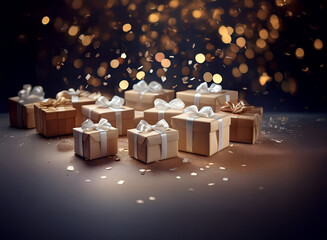 Poster - A cluster of kraft paper gift boxes with elegant silver ribbons sits on a dark surface, surrounded by shimmering golden confetti and bokeh lights.  The scene evokes feelings of celebration and joy.