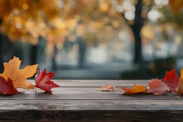 Canvas Print - Autumn leaves on wooden table, park background, fall design