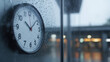 © AGCreative - Clock showing time on rainy day, droplets on glass create reflective atmosphere, evoking sense of calm and contemplation