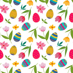 Wall Mural - cute seamless vector pattern with bright easter eggs and flowers - tulips and daffodils on a white b