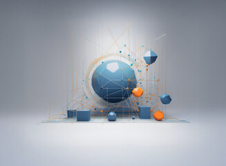 Aufkleber - Abstract 3D rendering of interconnected geometric shapes in shades of blue and orange.  The scene features a central sphere and smaller cubes, spheres, and polyhedrons, suggesting connection and netwo