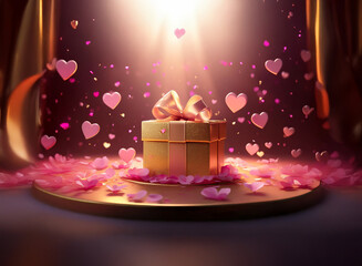 Canvas Print - A golden gift box with pink ribbon sits on a pedestal, surrounded by falling hearts and petals under a spotlight.  Romantic and celebratory.