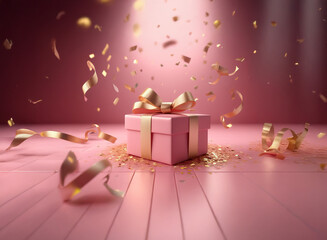 Canvas Print - A pink gift box with a gold ribbon sits on a pink wooden floor, surrounded by falling gold confetti under a spotlight.  A celebratory and luxurious scene.