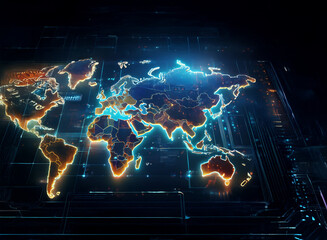 Poster - Glowing digital world map with highlighted continents.  A futuristic depiction of global connectivity and data flow.