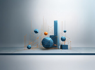 Aufkleber - Abstract 3D rendering of geometric shapes, predominantly blue and orange, interconnected by thin gold lines, set against a minimalist white background.  The scene evokes a sense of modern design and t
