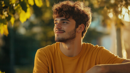 Wall Mural - Young man in yellow shirt enjoying sunshine. Ideal for casual lifestyle, outdoor portraits, and natural happiness