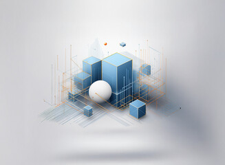 Poster - Abstract 3D rendering of geometric shapes, featuring cubes, a sphere, and interconnected lines, suggesting technological advancement and digital innovation.  A minimalist, futuristic design with soft,