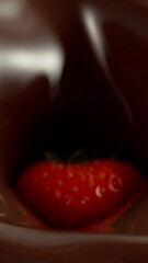Poster - Super Slow Motion of Falling Strawberry into Melted Chocolate. Filmed on High Speed Cinema Camera, 1000fps. Vertical Aspect Ratio.
