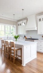 Wall Mural - Modern Bright Kitchen Design Featuring White Cabinets, Hardwood Floor, and Clean Countertop with a Stylish Island