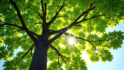 Wall Mural - Branches of the tall tree in the warm sunlight, evergreen, summer