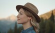 © simba kim - lady in profile wearing simple earrings, with a California mountain landscape in the background, Generative AI