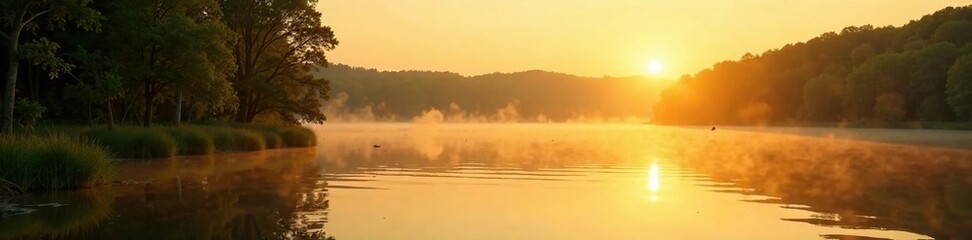 Wall Mural - Golden light emanates from a serene, peaceful lake, soothing, golden