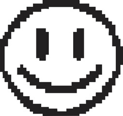 Pixelated black and white smiley face icon on a white background.