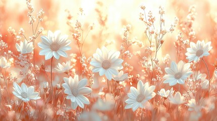 Wall Mural - Sunlit field of delicate white daisies and wildflowers at sunset.