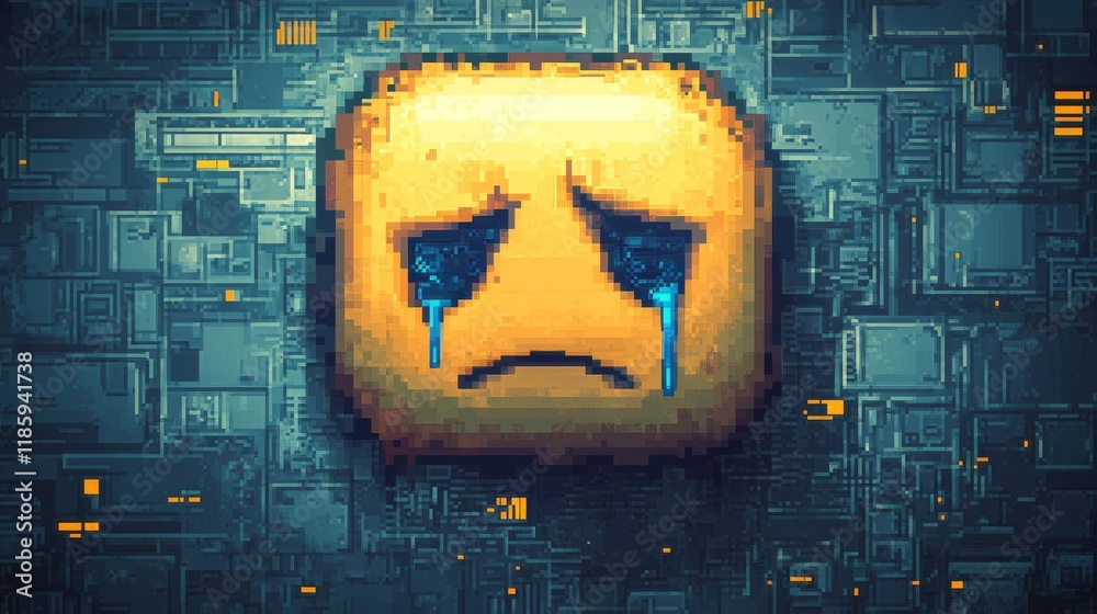 Single large-scale pixel art sad face emoji centered on square canvas ...