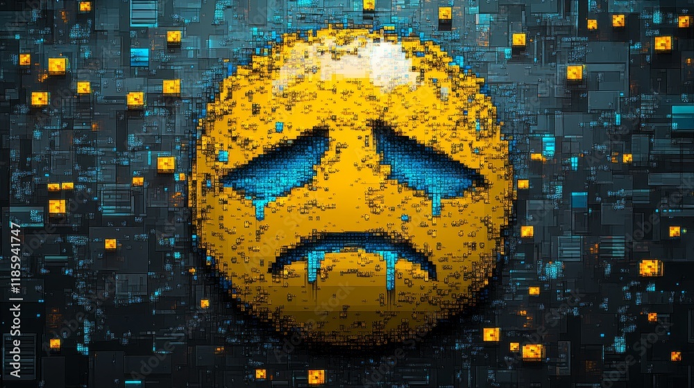 Single large-scale pixel art sad face emoji centered on square canvas ...