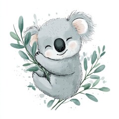 Poster - Cute koala smiling while hugging a green branch in a serene natural setting. Generative AI