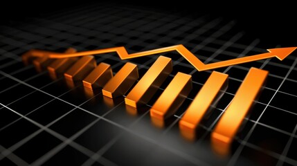 Poster - Orange bar graph showing upward trend on black grid background, symbolizing growth and success in business or finance. sleek design emphasizes progress and achievement