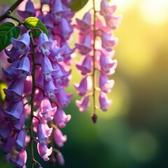 Wall Mural - Wisteria flowers and leaves against a warm afternoon light background, afternoonsunlight, blooming