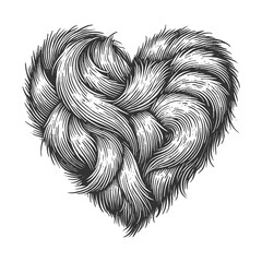 Wall Mural - heart formed by flowing, textured fur strands, symbolizing love, warmth, and connection sketch engraving generative ai vector illustration. Scratch board imitation. Black and white image.