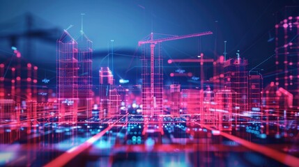 Poster - futuristic city skyline with digital construction elements, showcasing vibrant neon colors and advan