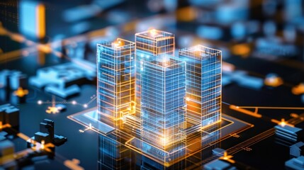 Poster - futuristic cityscape with glowing skyscrapers and digital elements, showcasing modern architecture a