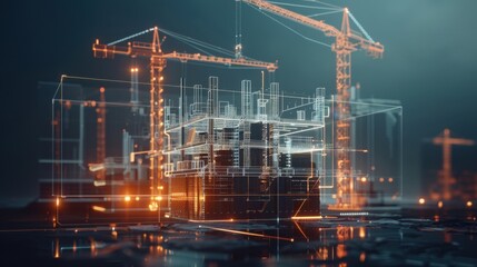 Poster - 3d architectural model with construction cranes in background, showcasing futuristic design and adva