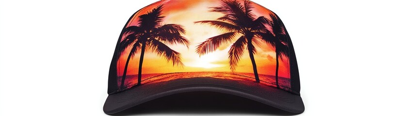 Wall Mural - Stylish cap with palm trees and sunset design on white background.