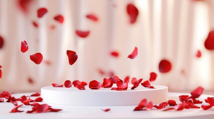 Poster - A sleek white podium accented with scattered red rose petals, set against a softly blurred Valentine-inspired background.