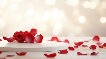 Poster - A sleek white podium accented with scattered red rose petals, set against a softly blurred Valentine-inspired background.