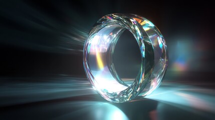 Luminescent ring object, dark reflective plane, floating geometric form, pearl-like iridescence, ethereal glow effect, infinite void background, light diffraction patterns, glass-metal hybrid