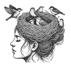 woman with a bird nest in her hair, symbolizing nature, nurturing, and creativity sketch engraving generative ai fictional character vector illustration. Scratch board imitation. Black and white image