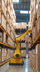 Poster - An automated freight system featuring robotic arms loading cargo into a truck in a high-tech warehouse