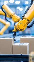 Poster - An automated freight system featuring robotic arms loading cargo into a truck in a high-tech warehouse