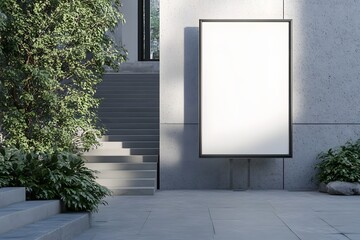 Wall Mural - Blank billboard mockup, urban building exterior, stairs, greenery