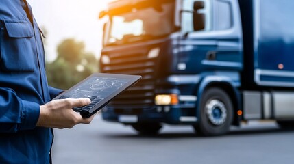 Poster - A logistics coordinator standing next to a freight truck, reviewing optimization reports on a tablet