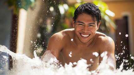 Wall Mural - Young man enjoying water splash in sunlight. Perfect for outdoor recreation, summer lifestyle, and natural joy themes.