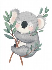 Poster - Koala peacefully resting while embracing eucalyptus branches in a serene natural environment. Generative AI