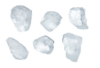 Clear ice rocks arranged on a clean white background, capturing the textures and transparency of the ice. The minimalistic composition highlights the purity and natural shapes