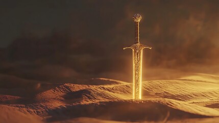 A golden sword is sitting on a sandy hill