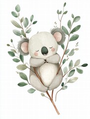 Poster - Cute koala resting peacefully among green leaves in a serene natural setting. Generative AI