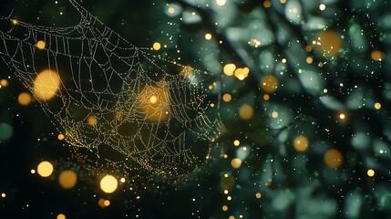 A spider web is shown with a lot of light shining on it