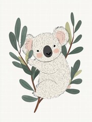 Poster - Cute koala sitting on a branch surrounded by leaves in a playful and whimsical illustration style. Generative AI