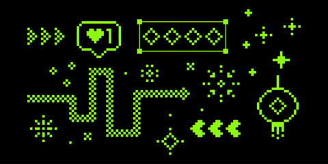 Poster - y2k pixel icon set. simple geometric shape, lantern, firework, snake. video game abstract elements. 