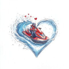 A person riding a jet ski creates splashes in a heart-shaped wave, symbolizing fun and adventure on the water.