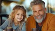 © YURCHENKO ROMAN - Grandfather and granddaughter enjoying coffee outdoors. Generative AI