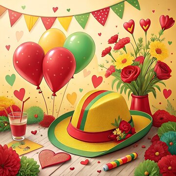 Happy valentines day decoration hat with flowers and balloon heart shape design 